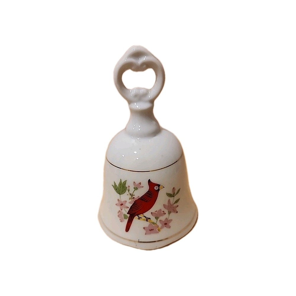 Vintage Cardinal Bird‎ Porcelain Hand Bell with Floral Design Collectible